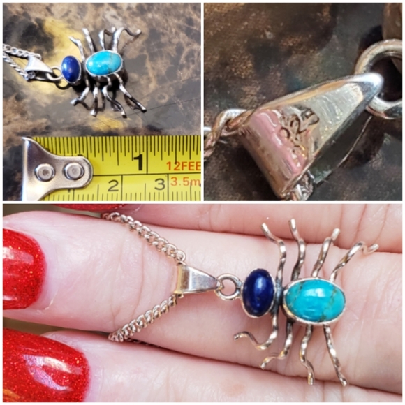 Genuine Mojave Turquoise and Lapis Spider Pendant - Picture 4 of 4